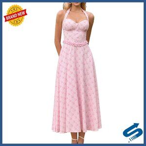 Summer Floral Halter Corset Midi Dress A-Line Formal Wedding Guest